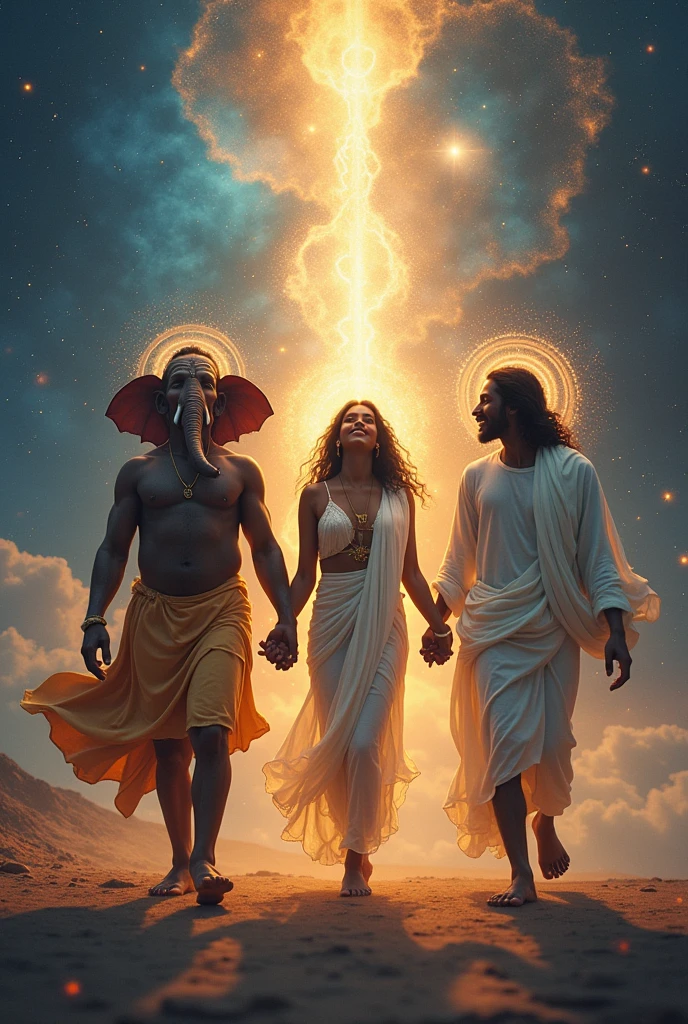Ganesha and Yemanja deity with black skin holding hands with Jesus walking forward and smiling emanating the energy of love that comes out of their hearts towards the universe