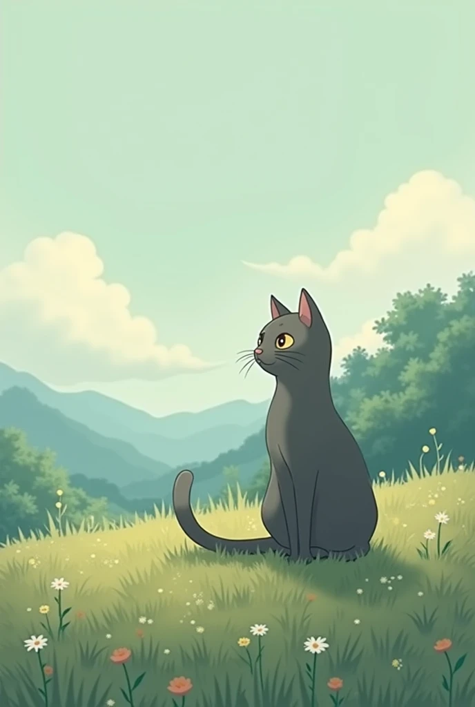 I want a mobile wallpaper that has a dark grey cat with small beige spots on its face, I would like the background to be something that reflects peace, I would like the drawing style to be like Studio Ghibli, I want the drawings to be detailed and that when you see it, it reflects nostalgia and peace.. I likeria que la imagen tenga un estilo más adulto, not so . The cat should be seen in full length and in proportion to the background.. I like, but the cat is smaller, that occupies a quarter of the image, so that the background is more visible.