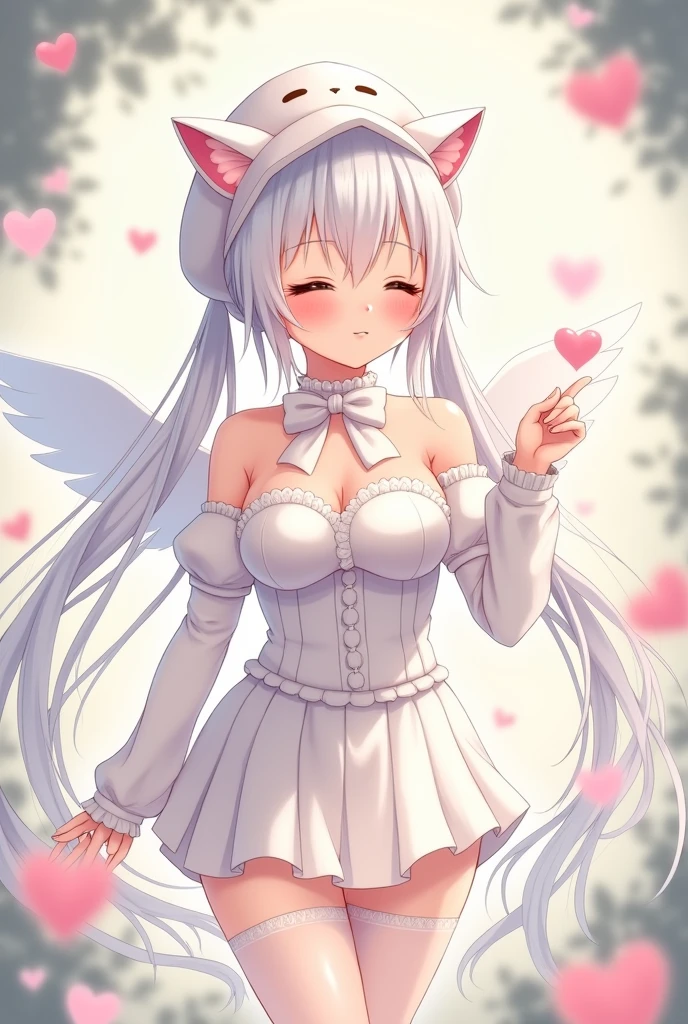 With a beautiful young body of 20 years and a lot of chest and a beautiful little ass, white hair in two pigtails, a white kitten hat, He has a cute smile and his eyes are closed but you can see his eyelashes a little., She has a kind of thin white bow on her neck., It has white sleeves and a corset-type blouse., She has a short white pleated skirt, and some whitish transparent stockings that reach up to the knee, It has cloud-like wings on its back and 3 hearts on its head.