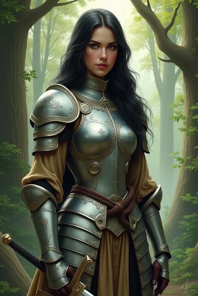 /imagine prompt: A digital painting of a young female warrior, wearing silver armor with intricate engravings, holding a sword. She is standing in a serene forest, surrounded by tall ancient trees and soft glowing light filtering through the leaves. The warrior has long black hair, a focused expression, and is in a relaxed stance. The forest background remains constant with a subtle green glow. Created Using: high-detail brushwork, Renaissance painting style, soft shadows, diffused lighting, warm color palette, realistic texture, detailed foliage, high-resolution render --ar 2:3 --v 6.0