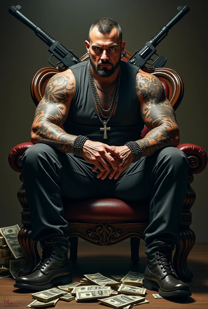 Create a person called John PP with chains tattoos on his arm and sitting with money and weapons along with Pablo Escobar