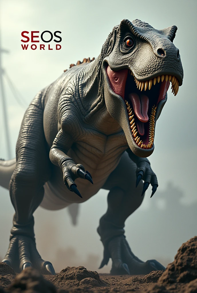 Make a photo with agressive rex and logo "seos world", make it in 1 : 1