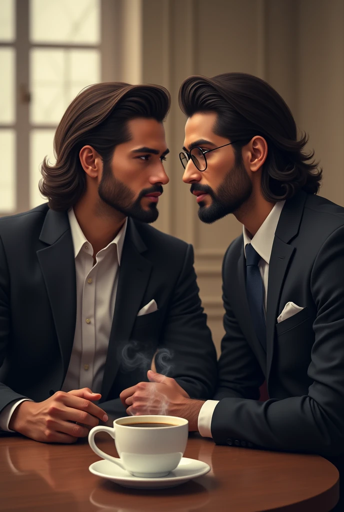 2 Handsome indian boy, sitting on a chair beside a table with a coffee cup, using eye glass, long hair, wearing suit, pant, shoe