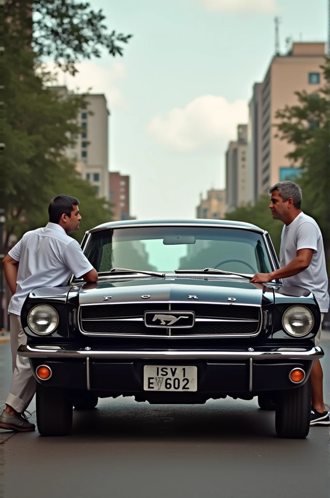 Ford Maverick fully exposed with a 2 white-skinned man leaning against the side of it in the city of São Paulo
