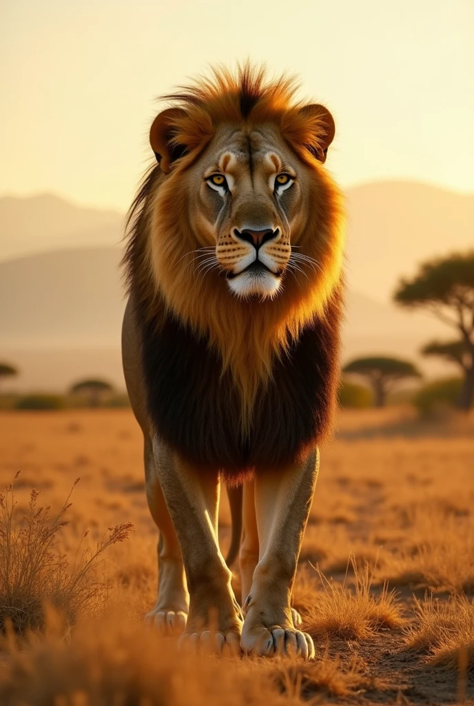 (Ultra-realistic, high definition: 1.4), (4K, 8K, High resolution), (Best quality, masterpiece), (photo-realism: 1.5), sharp focus, intricate details, vivid and natural colors, deep contrast, cinematic depth of field, (National Geographic style). A powerful lion standing proudly in the African savanna, during the golden hour just before sunset. The lion's mane is textured and detailed, with each strand of hair visible in the warm sunlight. The savanna stretches out around him, with dry, golden grasses and a few acacia trees scattered across the landscape. The background includes distant mountains and a clear sky with soft, warm tones. The atmosphere is calm, quiet, and natural, capturing the raw beauty of the wilderness. The composition should be natural and immersive, as if captured by a professional wildlife photographer.