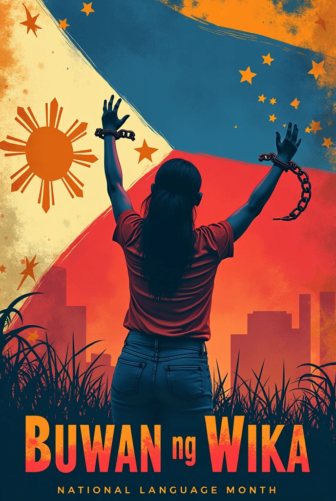 filipino language being a way for freedom
philippine flag 
poster for buwan ng wika 
way of communication and freedom
free from handcuffs
