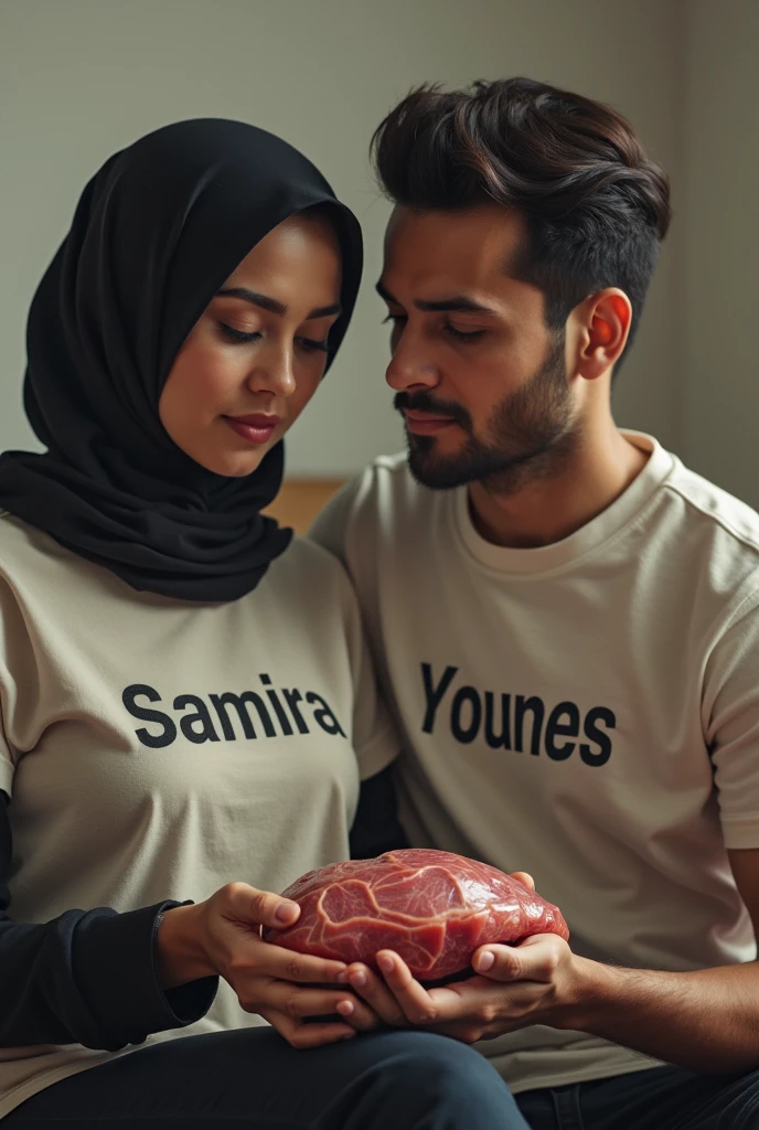 A muslim girl wearing a t-shirt printed Samira, and her husband wearing a t-shirt printed Younes, both holding a cow liver thier hands.