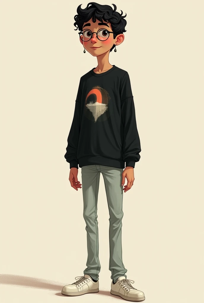An image/drawing of me I am a man, I have a heart face/round-cropped (I think) I'm tall (1.81) It is thin, I would like you to put on curly hair (type 3A + 3b) on me short size and black color, uso um óculos round-cropped de lente a cor da armação e preto, my eyes are dark brown, I have two small hoop earrings, I usually like to wear pants that are not too wide or too tight and in light jeans that reach my sneakers without showing any of my legs., I usually wear large blouses, usually black (You can put a print related to the universe of Coraline and the Secret World but only minimalist, and I want the shirt to be untucked) I wear white sneakers too