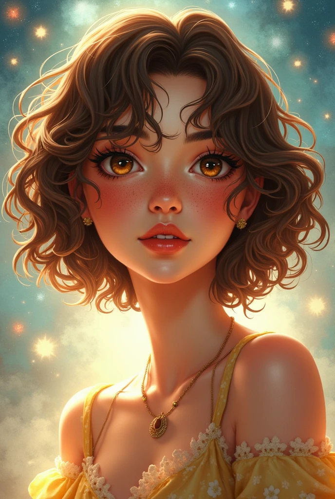 a woman inspired by the sign of sagittarius, white with short brown curly hair, and freckles on the skin and brown eyes