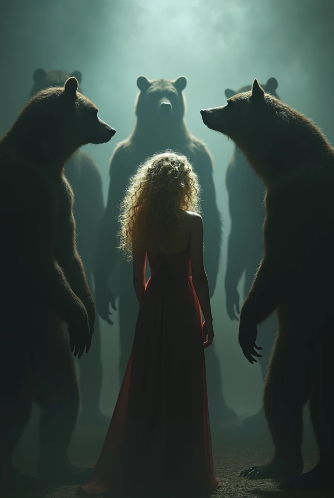 Create a curly blonde character from the back and" 4 men surrounding her with bear shadows"