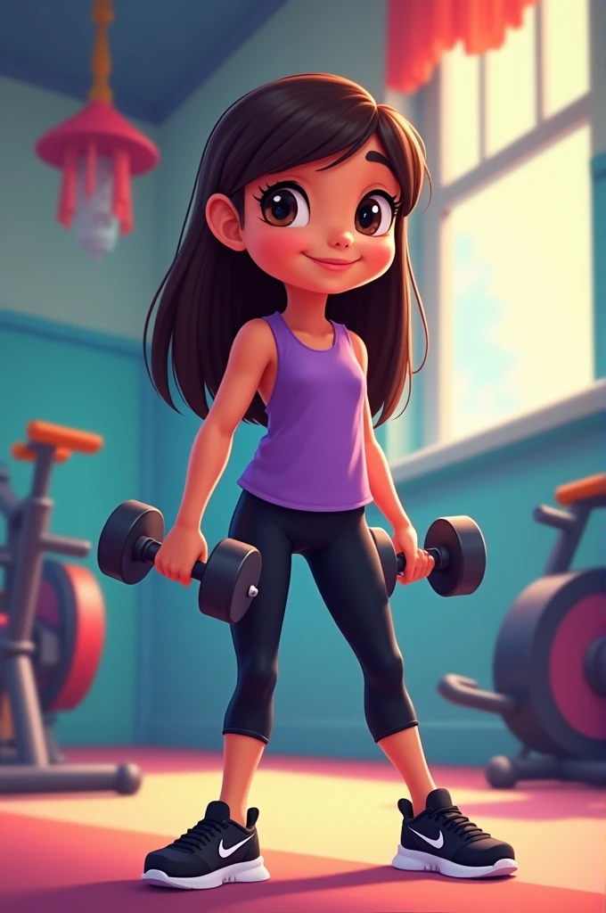 Disney-style poster with a girl in the gym , straight hair to mid back and side bangs and dark brown color, dressed in a purple sports blouse with sleeves and black sports leggings that reach before the ankle, black nike brand tennis shoes, dumbbells in hands