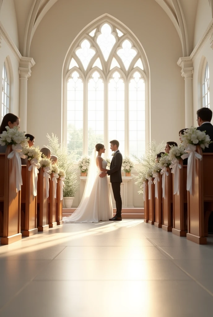 Simple church decorated in white for the wedding