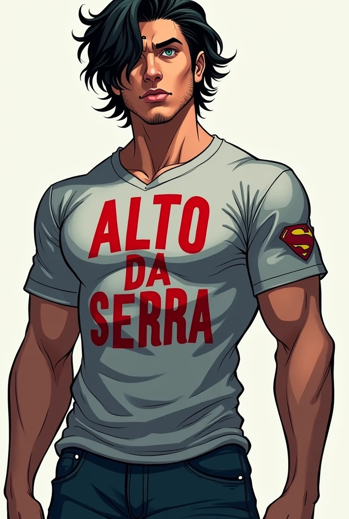 DC Comics style image, Man 20 years old, medium messy black hair with blue eyes and a septum piercing, defined body with a shirt that says Alto Da Serra in red, wearing jeans