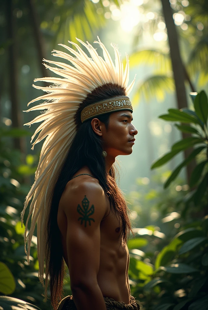 Young indigenous man stands in a dense, tropical forest surrounded by plants. He wears an elaborate headdress made of white feathers. The expression on his face is serene and wise, reflecting his deep connection with nature and ancestral spirits. Sunlight penetrates the treetops, creating a play of shadows and lights around you. smooth face, no beard