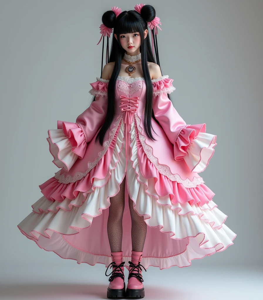 (masterpiece)、One person、Long black hair,Fair skin、(Flat chest)、BREAK (unique and intricate cosplay outfit inspired by a fusion of traditional Chinese elements and modern gothic ta fashion:1.3), ((pink satin fabric one-piece dress, A-line, greek key patterns on skirt hem):1.3), ((qipao-inspired neckline with pink trim, including lace and ribbon details):1.3), ((long sleeve, flared bell sleeves):1.3), ((layered skirt with white ruffles edged in pink, voluminous and playful silhouette):1.3), ((ensemble is completed with pink garters, fishnet stockings, and chunky platform shoes with multiple straps):1.3), (twin hair buns adorned with black and pink ribbons and a face-covering charm that adds a mysterious touch:1.3),