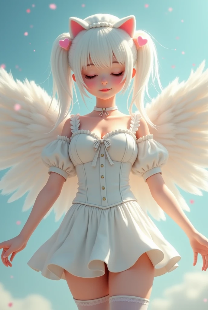 With a beautiful young body of 20 years and a lot of chest and a beautiful little ass, white hair in two pigtails, a white kitten hat, He has a cute smile and his eyes are closed but you can see his eyelashes a little., She has a kind of thin white bow on her neck., It has white sleeves and a corset-type blouse., She has a short white pleated skirt, and some whitish transparent stockings that reach up to the knee, She has cloud-like wings on her back and 3 hearts on her head. She has beautiful blue or gray eyes. 