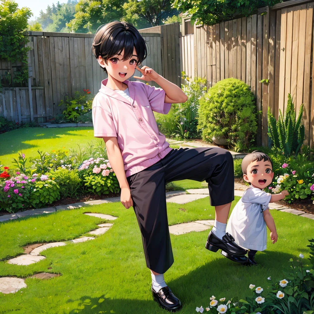 boy, masculine, child, ???, , cute boy, garden, in a garden, one character, background characters, black hair, black haired child, blush cheeks, cute, perfect face, taned skin, small eyes, cute nose, pink nose, toothy, white tooths, smile boy, singing, all in garden, no extra limbs, no extra arms, no extra legs, no extra fingers, 1930 clothes, old clothes, retro clothes, orphanage scenario, Jungkook apareance, Idol apareance, BTS member apareance, child Jungkook apareance