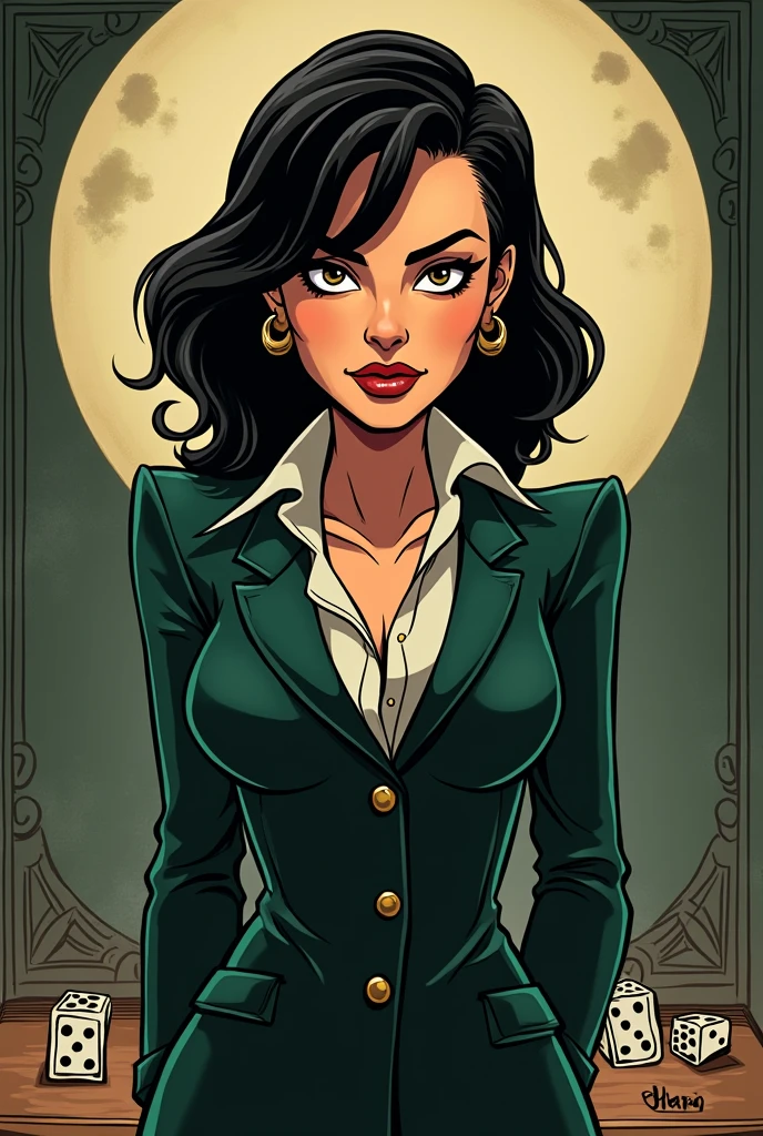 Maria Licciardi in cartoon board game mafia style with dar beige and green background 