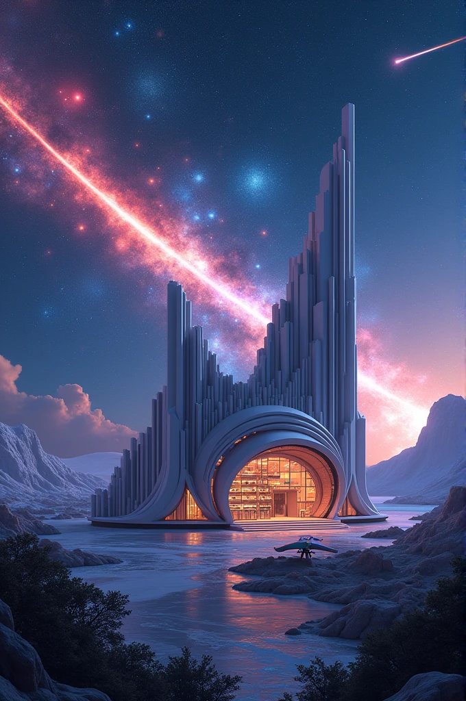 A store called Galaxy Shop in the middle of a galaxy and a meteor passing in the background, the meteor being medium sized and a little out of focus but with vibrant and striking colors and ships parked around it