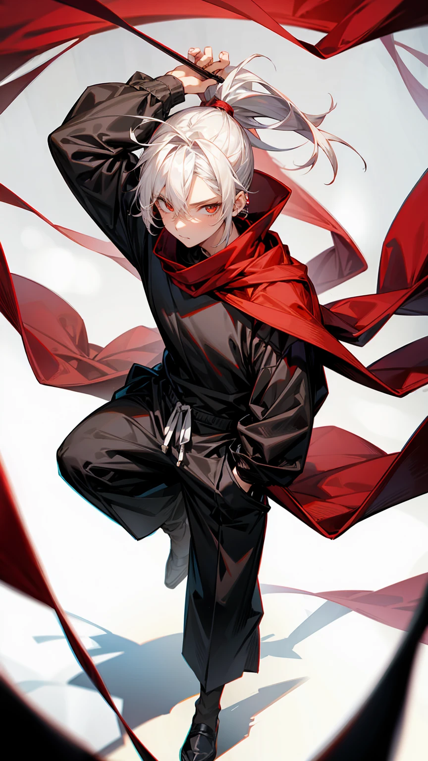 1male, Adult, Ponytail, White Hair, Black Baggy Long Sleeve Shirt, Baggy Black Pants, Red Eyes, Red Scarf, Earring