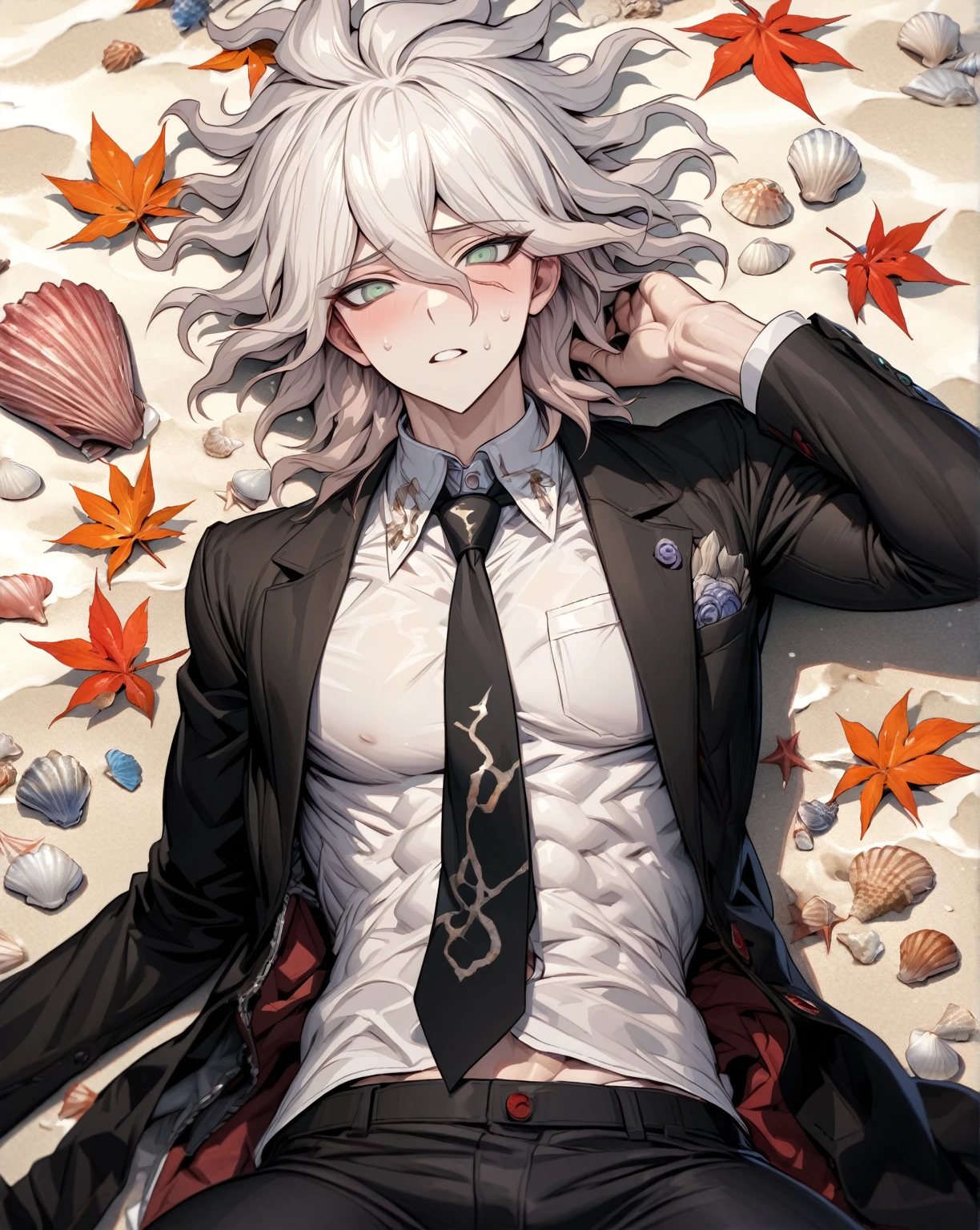 Ultra detailed, Highres, absurdres, HDR, master piece, Komaeda Nagito, white hair, expressive gray-green eyes, Danganronpa, sexy man sitting, solo, black jacket, black necktie, black pants, white shirt, glittering, sensual, fantasy, manly man, horny, beach, seashells, sea, sand, orange leaves