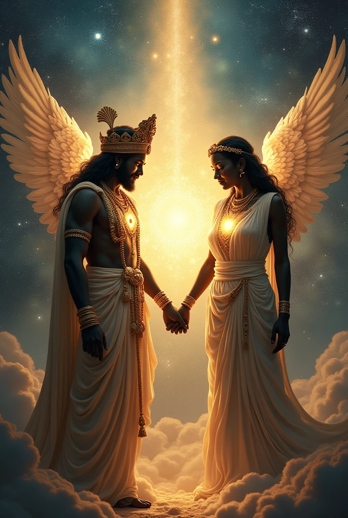 Ganesha and Yemanja deity with black skin holding hands with Jesus walking forward and smiling emanating the energy of love that comes out of their hearts towards the universe surrounded by angels