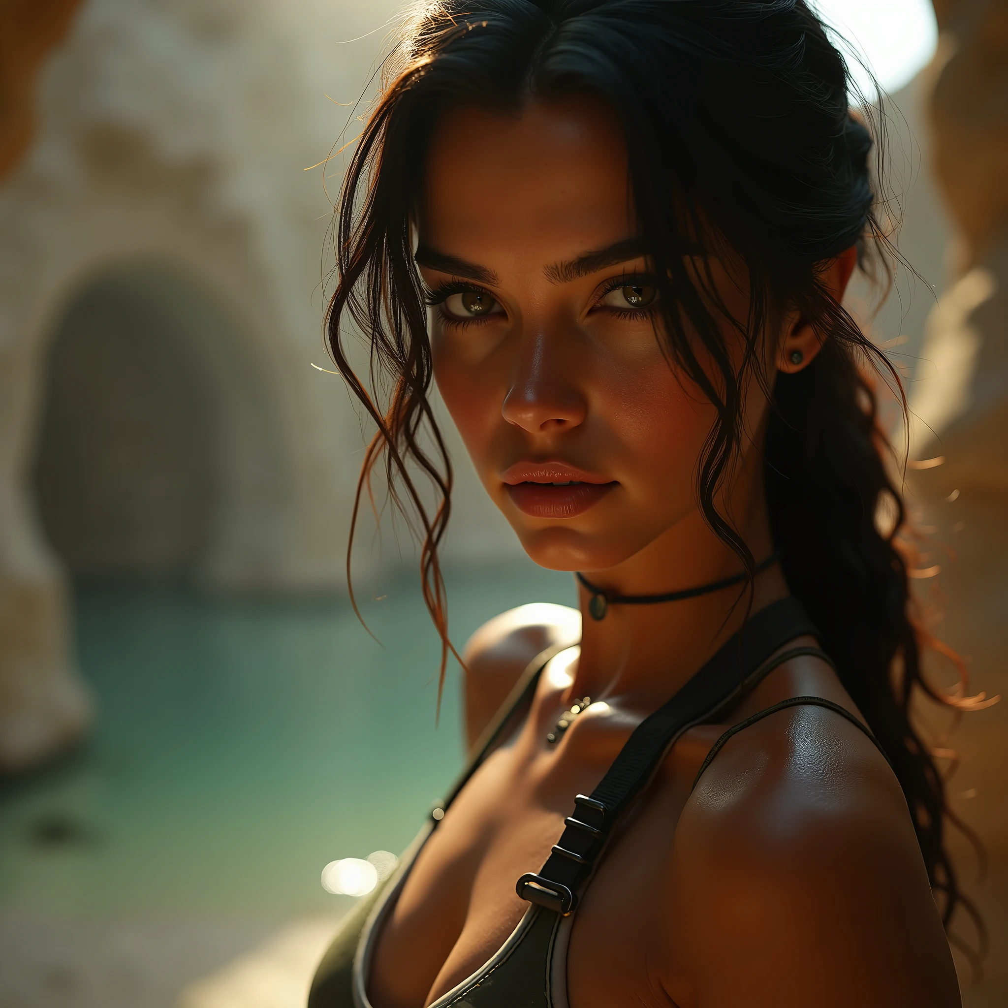 [4K] AI Lookbook Lara Croft Model Video - Mysterious Oasis, Water mist, Desert, close capture face