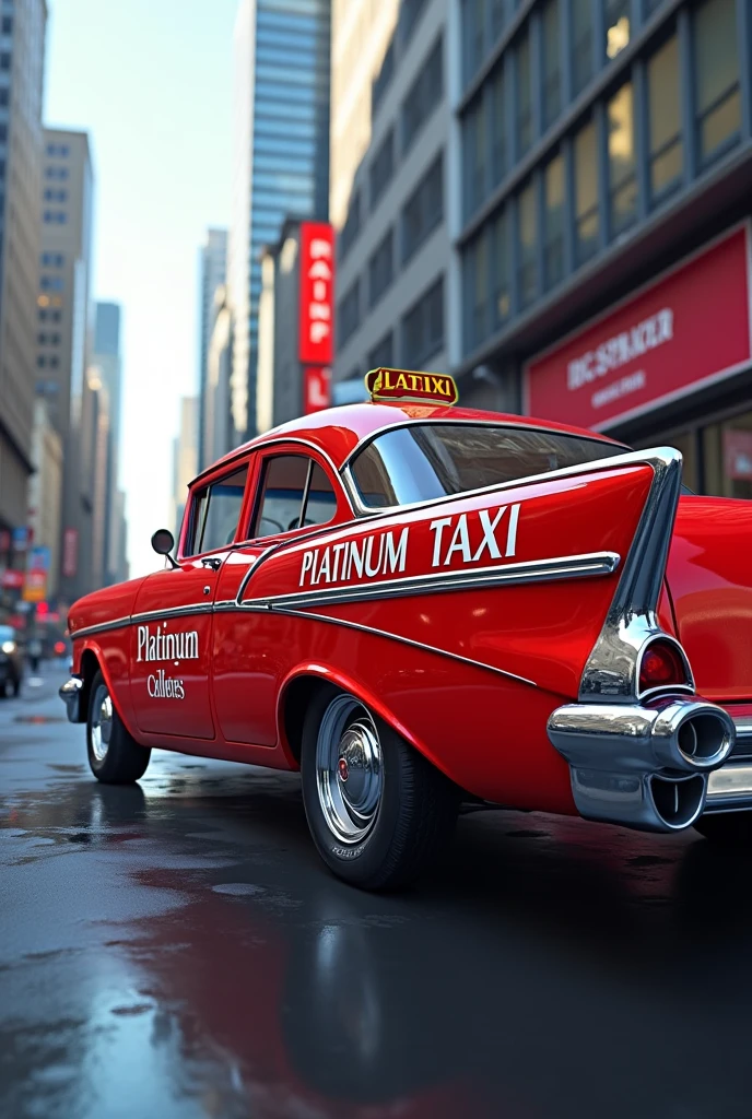 Red taxi with the name of platinum taxi