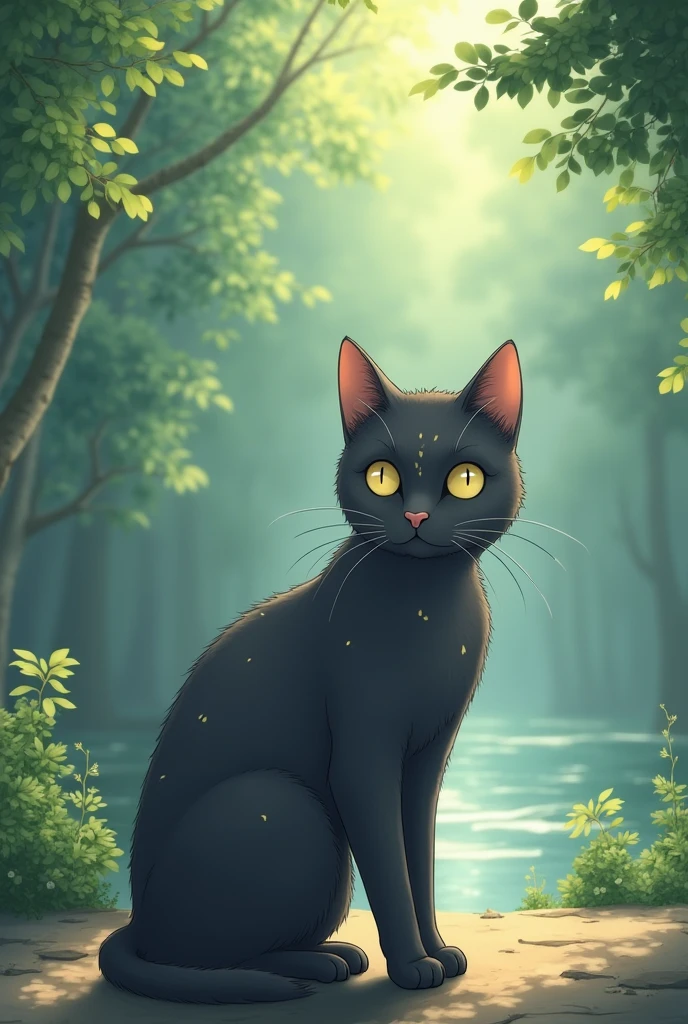 I want a mobile wallpaper that has a dark grey cat with small beige spots on its face, I would like the background to be something that reflects peace, I would like the drawing style to be like Studio Ghibli, I want the drawings to be detailed and that when you see it, it reflects nostalgia and peace.. I would like the image to have a more adult style, not so . The cat should be seen in full length and in proportion to the background.. that the cat is smaller, that occupies one eighth of the image, so that the background is more visible.