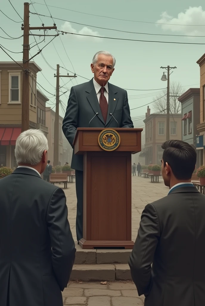 Have an elderly white man stand on a political platform giving a speech but with only two people around watching him.