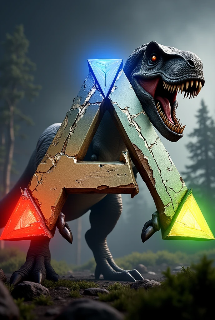 Make a photo with agressive rex, ark game logo, and  logo "seos world" , make it 1:1