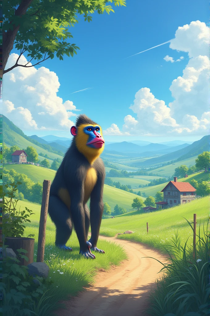 Rural landscape with blue sky and a mandrill