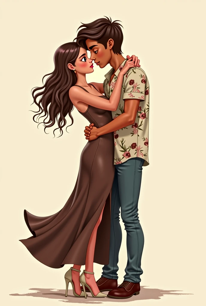 A white girl with wavy light brown hair, long hair down to her butt, Wearing a long brown dress with thin straps and beige high heels, The jump is not thin. Green eyes almost brown hugging a boy one finger taller than her with light brown skin, short brown hair and brown eyes, medium nose, Floral shirt blue jeans, he is kissing her mouth
