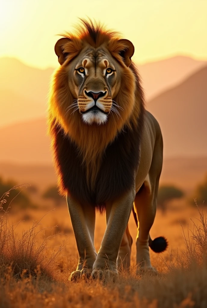 "(Ultra-realistic, high definition: 1.4), (Best quality, masterpiece), (photo-realism: 1.5), sharp focus, intricate details, vivid and natural colors, deep contrast, cinematic depth of field, (National Geographic style). A powerful lion standing proudly in the African savanna, during the golden hour just before sunset. The lion's mane is textured and detailed, with each strand of hair visible in the warm sunlight. The savanna stretches out around him, with dry, golden grasses and a few acacia trees tered across the landscape. The background includes distant mountains and a clear sky with soft, warm tones. The atmosphere is calm, quiet, and natural, capturing the raw beauty of the wilderness. The composition should be natural and immersive, as if captured by a professional wildlife photographer."