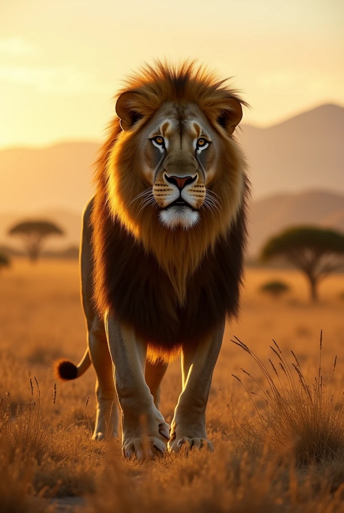 "(Ultra-realistic, high definition: 1.4), (Best quality, masterpiece), (photo-realism: 1.5), sharp focus, intricate details, vivid and natural colors, deep contrast, cinematic depth of field, (National Geographic style). A powerful lion standing proudly in the African savanna, during the golden hour just before sunset. The lion's mane is textured and detailed, with each strand of hair visible in the warm sunlight. The savanna stretches out around him, with dry, golden grasses and a few acacia trees scattered across the landscape. The background includes distant mountains and a clear sky with soft, warm tones. The atmosphere is calm, quiet, and natural, capturing the raw beauty of the wilderness. The composition should be natural and immersive, as if captured by a professional wildlife photographer."