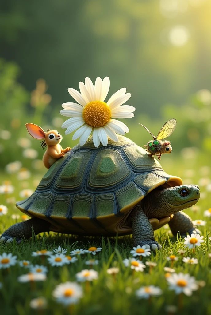 In the foreground a turtle with a daisy flower and a cicada the same size as the daisy flower, A buffalo and Pumba also appear. (the character of the lion king) and in the background green grass with many small daisy flowers.