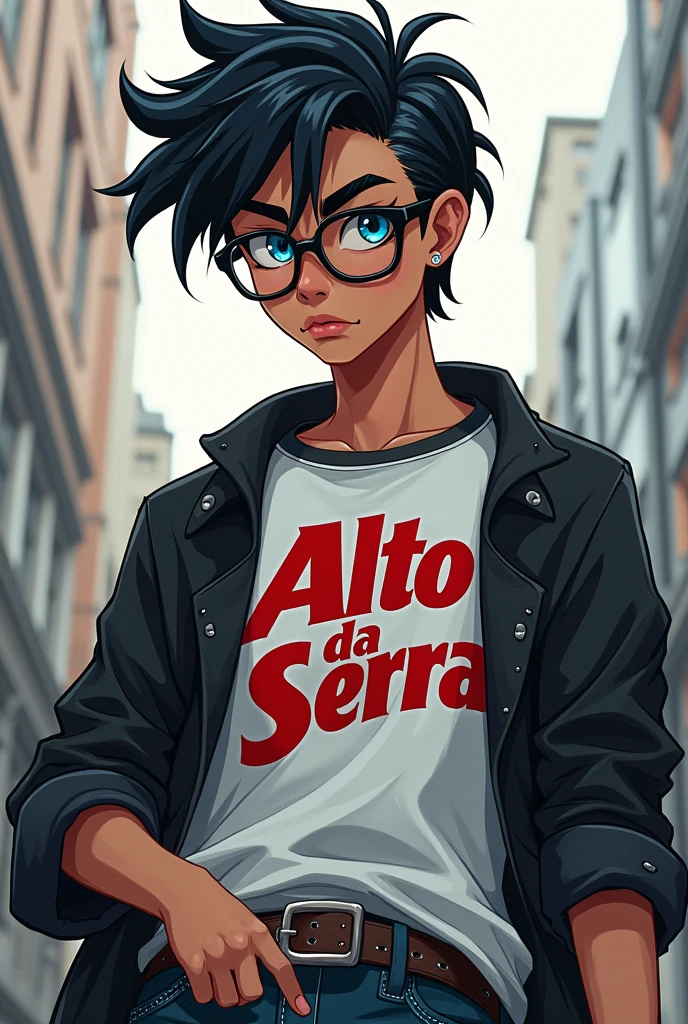 DC Comics style image, Man 20 years old, medium length messy black hair with blue eyes wearing glasses and an eyebrow piercing, defined body with a shirt that says Alto Da Serra in red, wearing jeans
