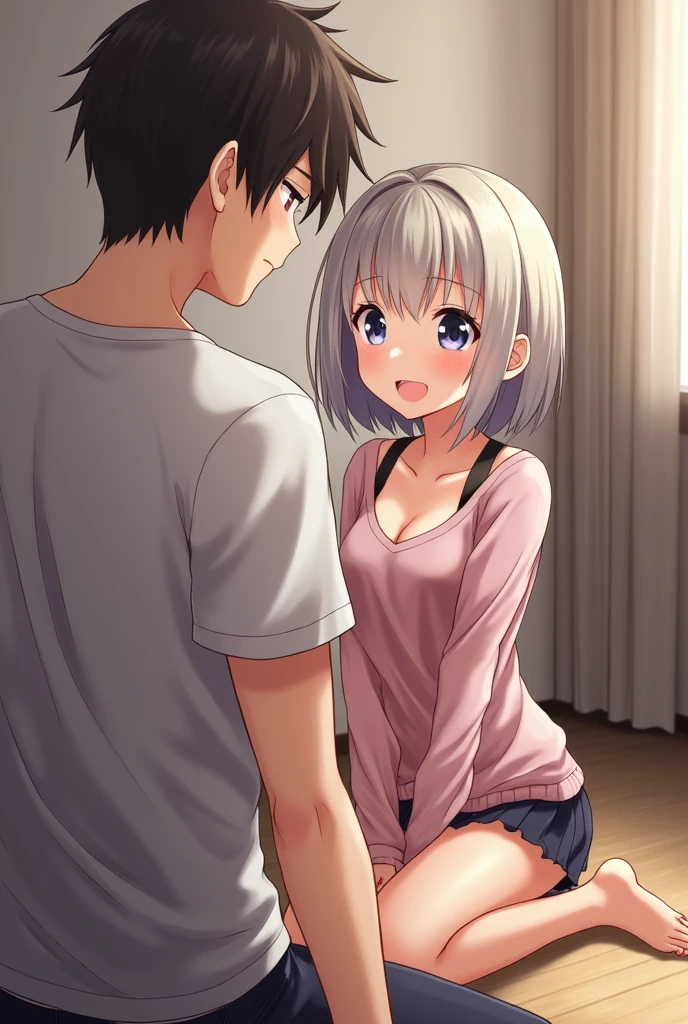 Short haired anime girl kneeling in front of a man and showing her tits