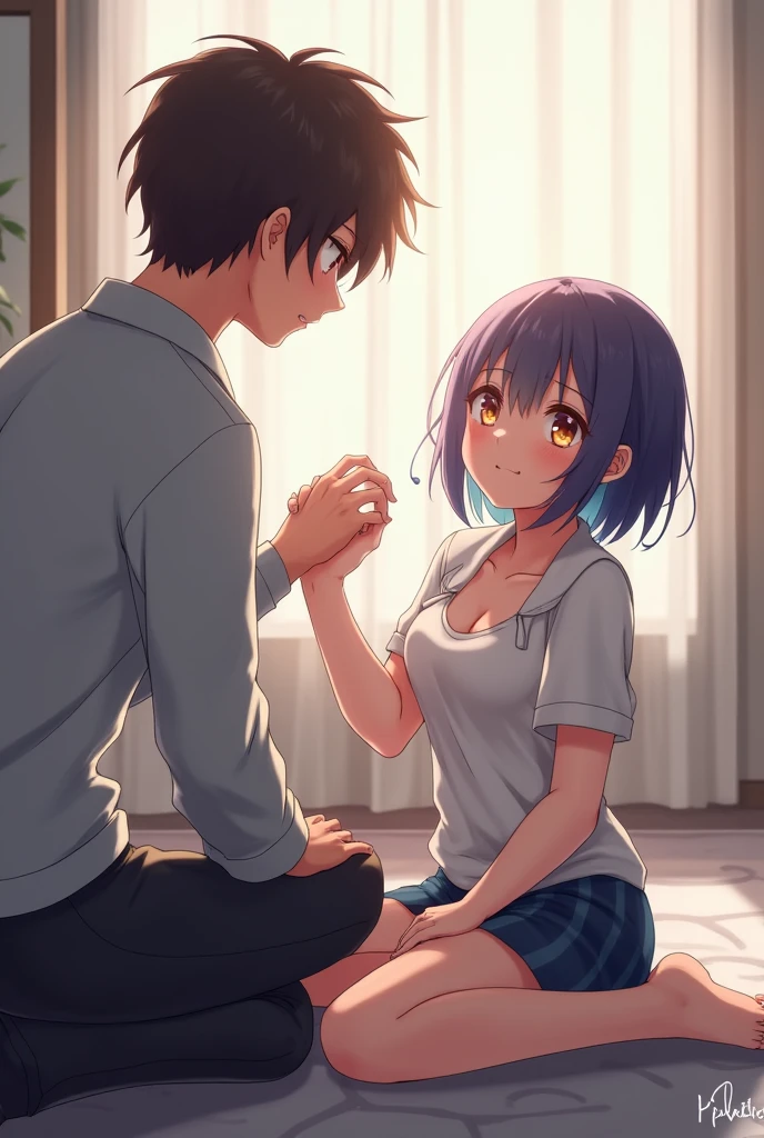 Short haired anime girl kneeling in front of a man and showing her tits