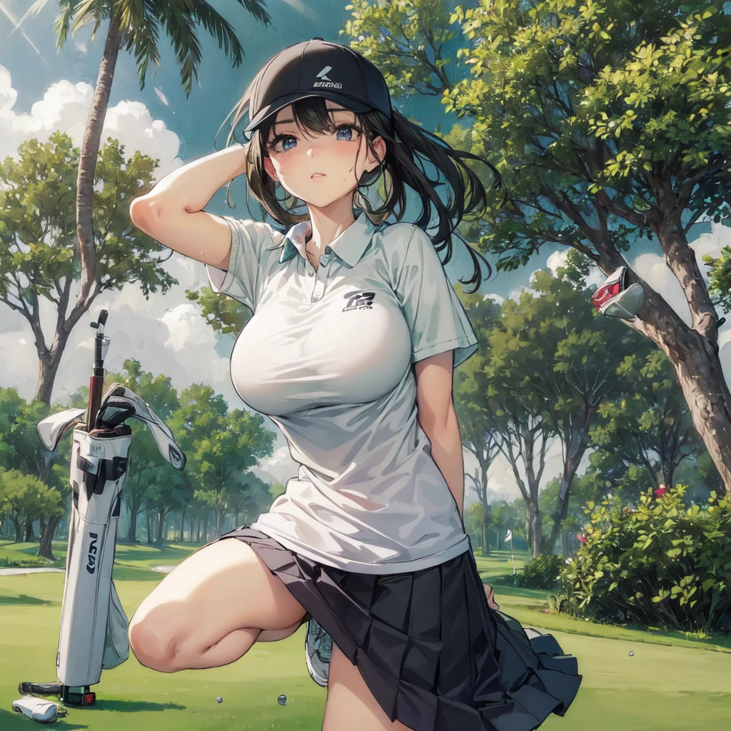 high quality,High resolution,16K,Sharp Lines,One person,Female golf player ,skirt,cute顔, Large , Beautiful legs, Sweat,Inside the golf course,Focus Girl,Beautiful face in every detail,Detailed clothing,Beautiful Eyes,cute,Dynamic Angle