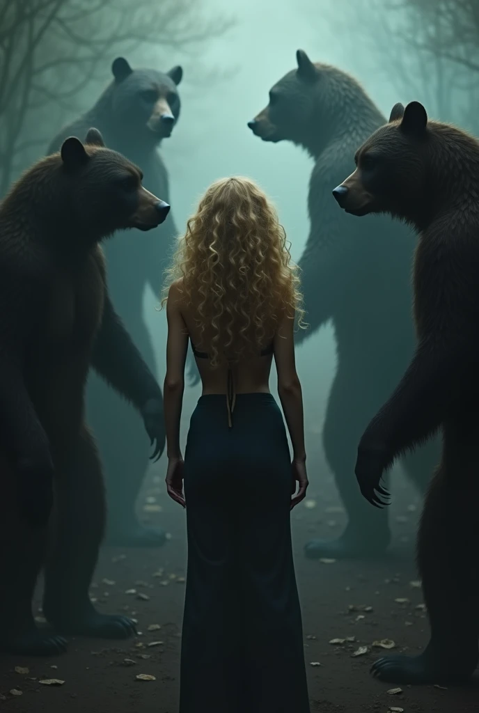Create a curly blonde character from the back and" 3 men surrounding her with bear shadow"