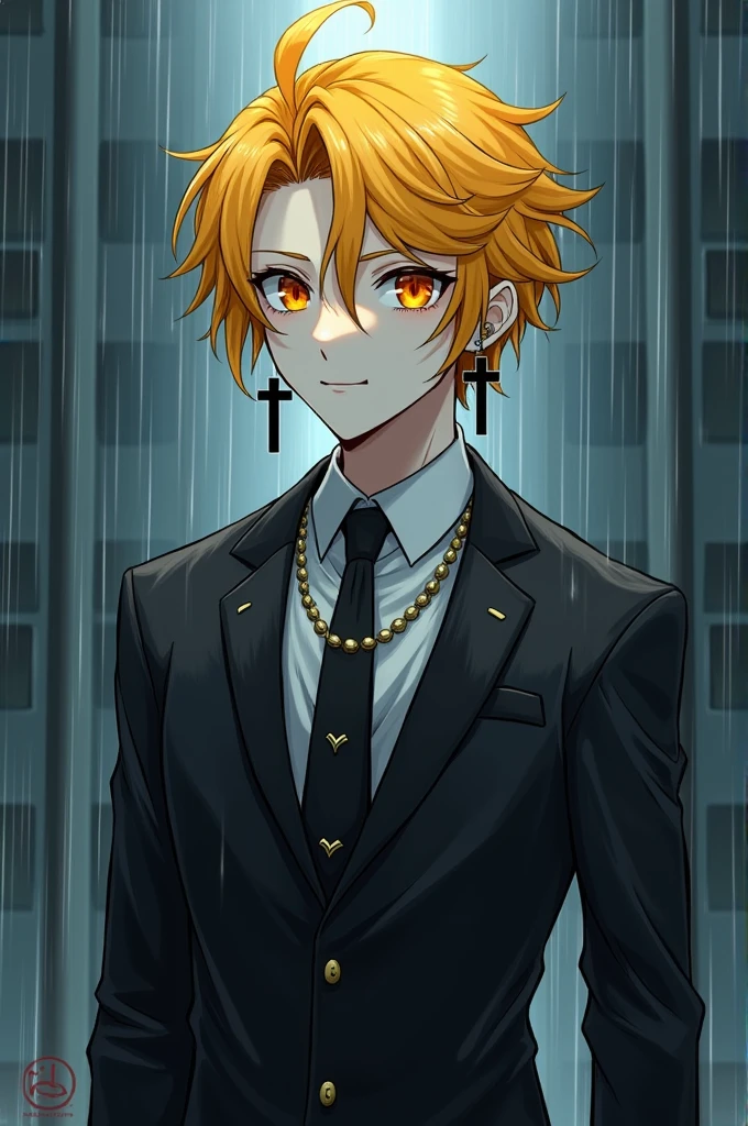 An anime style man with yellow hair and orange hunter eyes and pale skin color and tall with a formal outfit with black cross earrings and a cross necklace wet in the rain