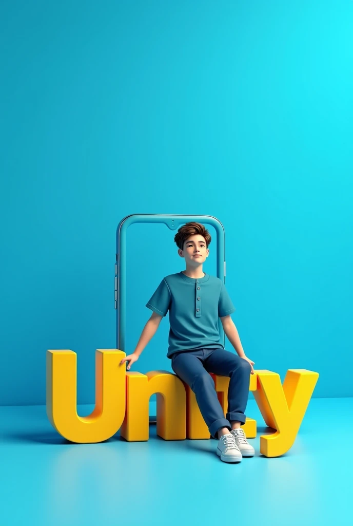 A boy sitting on his school name which is unity and the name is in 3D form. The color of the boy uniform is sea blue as the top and blue black as the down. And also make the text yellow and the background a nice gradient of blue. Make both text and human big and also place a big mobile phone at their back. Lastly make the boy face front and on of his leg swing down. Please make him a university guy and the Name Unity. Make the mobile phone big and long and change his face to adult. His uniform has to me buttons and down should be a short 