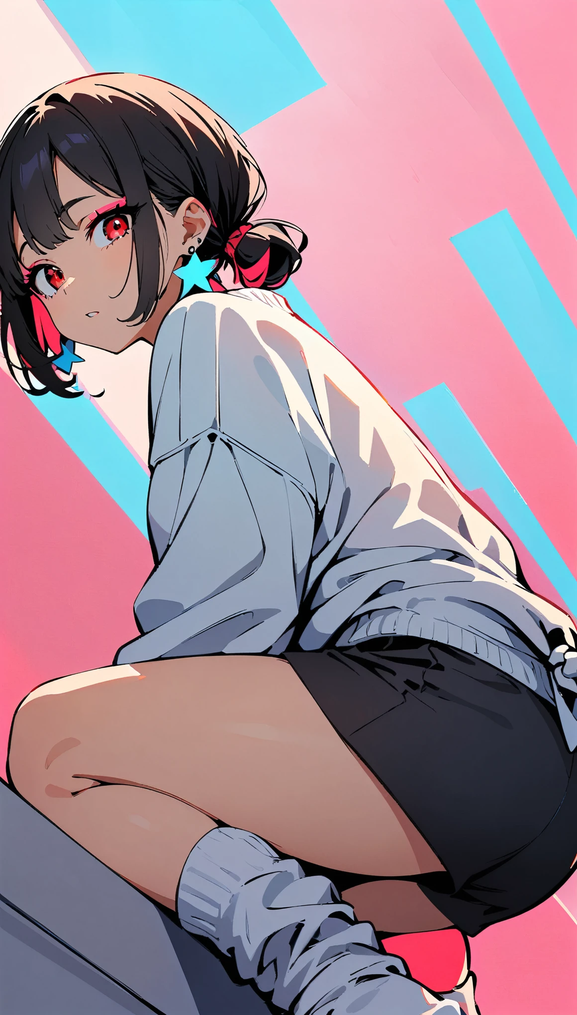 (high quality, 8k, 4K, High Contrast, masterpiece:1.2, 最high quality, Best aesthetics), (Dynamic Angle), ((1 female)),((Crouching on the bed)), Turning his back, ((Plain and bright background)), ((Flat Color)), (Gray oversized sweater), ((Black shorts)),(White loose socks), Looking at the audience, Transparent Background, (A pleasant expression), Sleepy eyes, High Contrast, Contrasting colors, , Pale pink and blue lighting, ((Short Hair)) , (Tied Hair), Black Hair, Red eyes, Droopy eyes, (Narrow eyes), Small star-shaped earrings in both ears, bright eyeshadow,apple watch