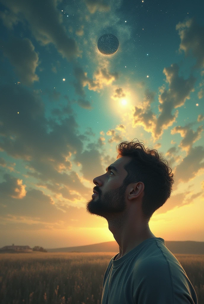 A man with a thoughtful expression looking at a sky full of questions