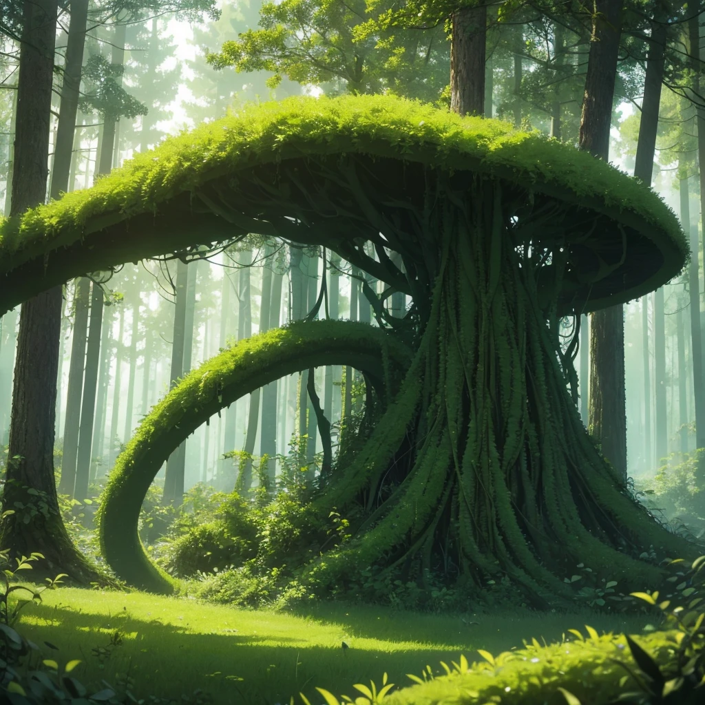Green forest, tentacles, realistic, hyper realistic, 4k, 8k, semi thick green tendrils rising from ground on sides of forest