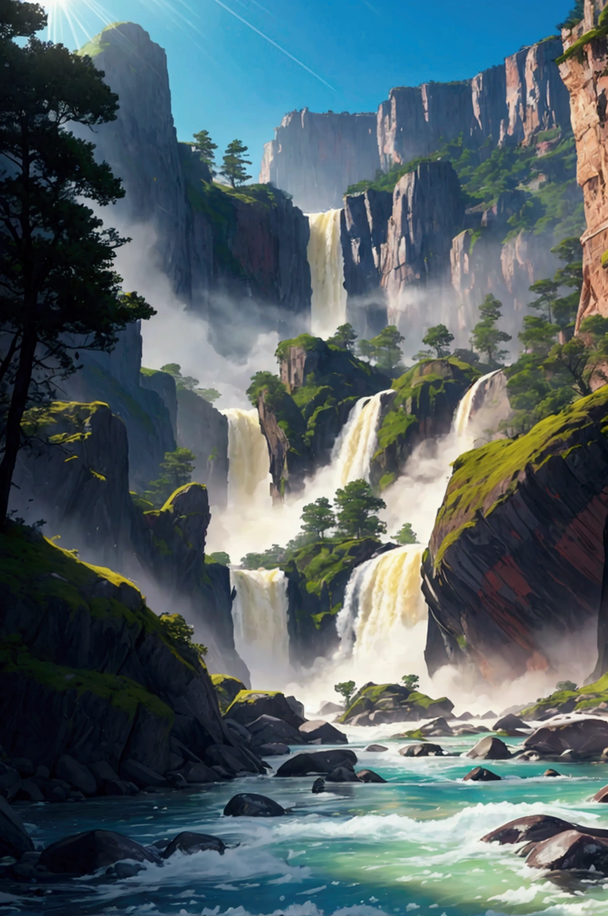 A rushing river leading to an unprecedented lake, azure and beautiful, the sun pouring down, towering rock faces looming on both banks, inhospitable, full of nature, the best image quality