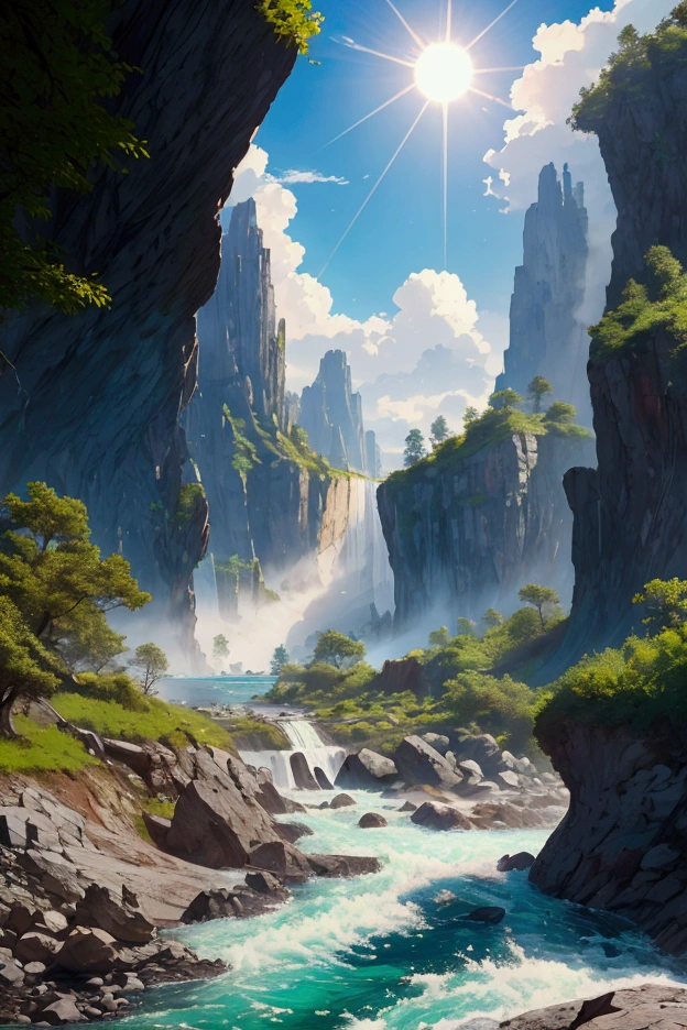 A rushing river leading to an unprecedented lake, azure and beautiful, the sun pouring down, towering rock faces looming on both banks, inhospitable, full of nature, the best image quality
