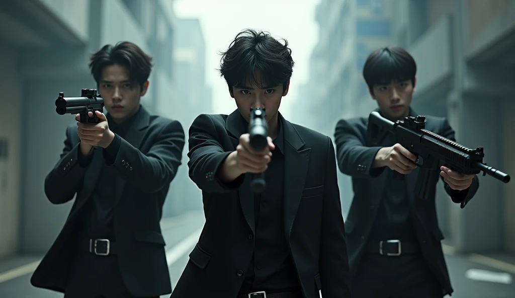 Shooting spree by three Japanese handsome male college students terrorists。Full body black。The clothes are black。Gloves are black。Everyone stands in the same position in a row。Don't blur the background。Everyone has their guns and rifles ready。
