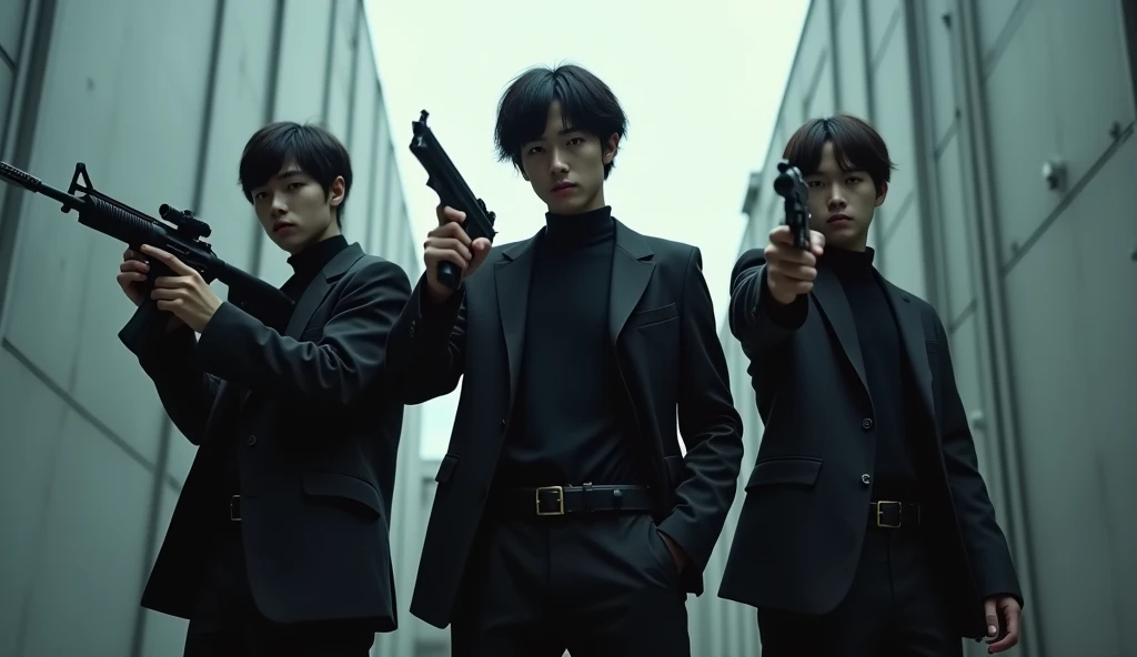 Shooting spree by three Japanese handsome male college students terrorists。Full body black。The clothes are black。Gloves are black。Everyone stands in the same position in a row。Don't blur the background。Everyone has their guns and rifles ready。